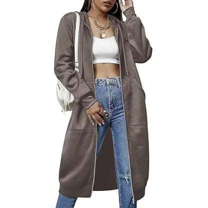 Women's Mid-Length Hooded Cardigan – Casual Open-Front Coat