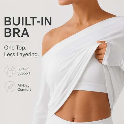 One-shoulder long-sleeved yoga top with integrated bra