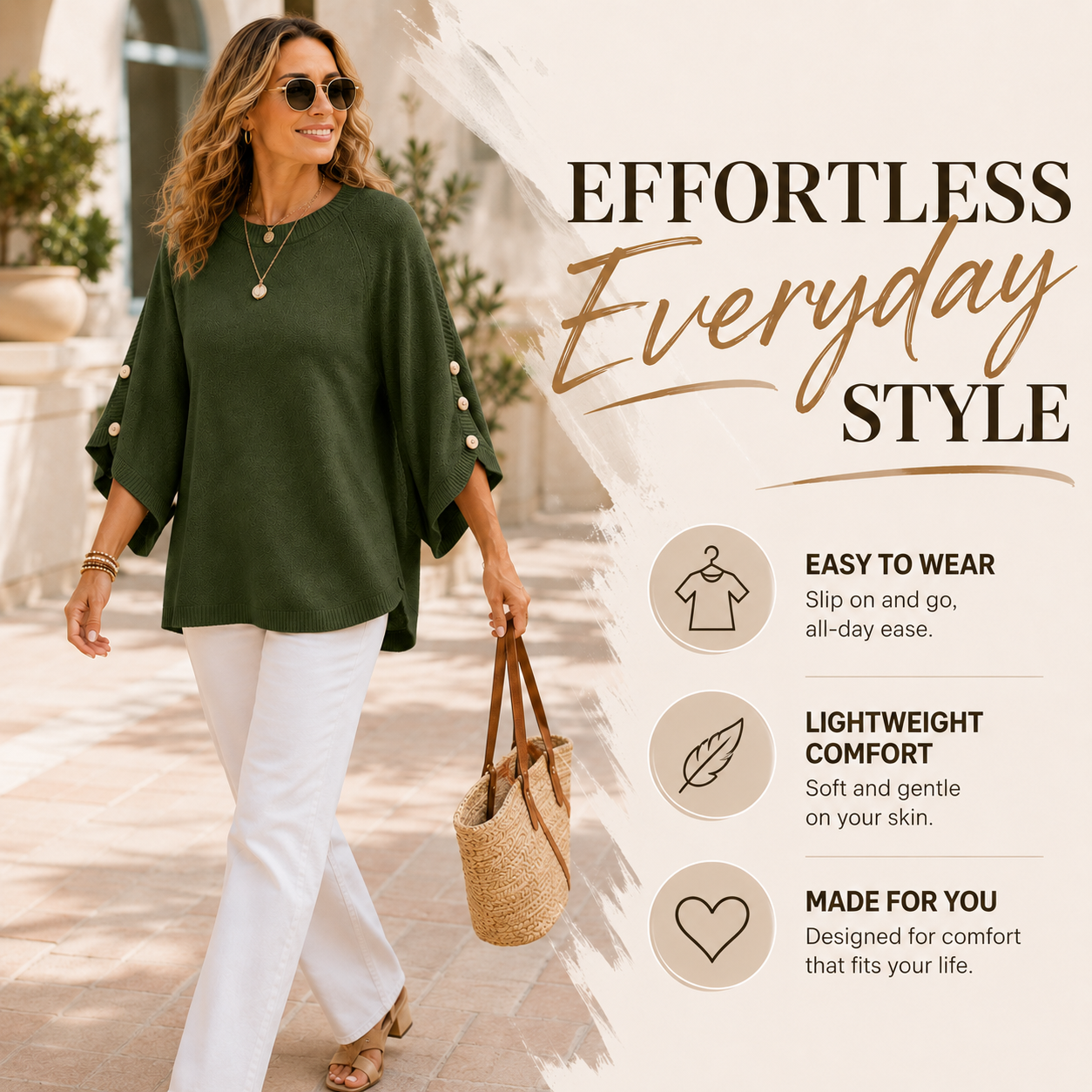 Women's loose-fitting crew neck sweater with three-quarter sleeves and buttoned cuffs