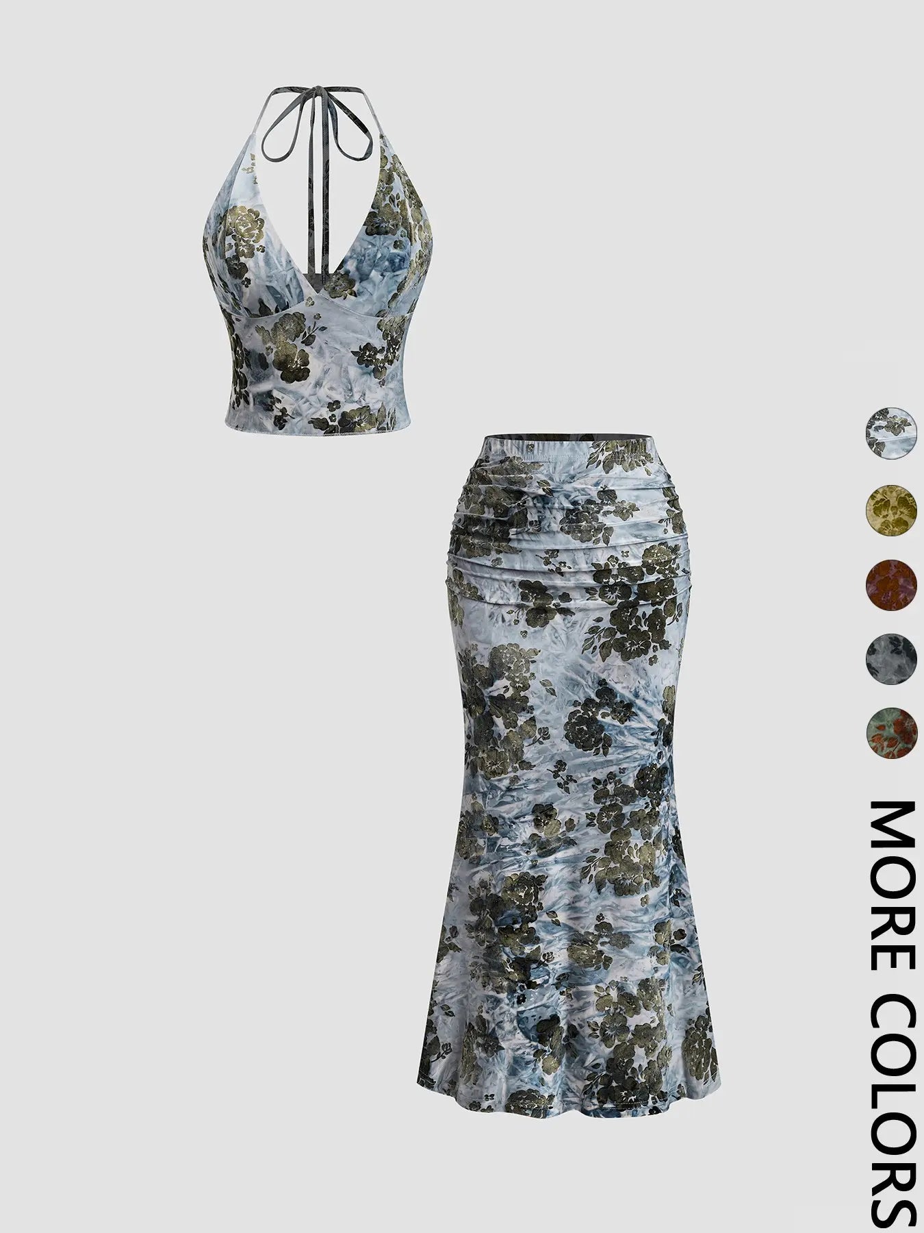 Women's Floral Deep V Neck Crop Top & Fish Tail Skirt Set, All-Over Print Design