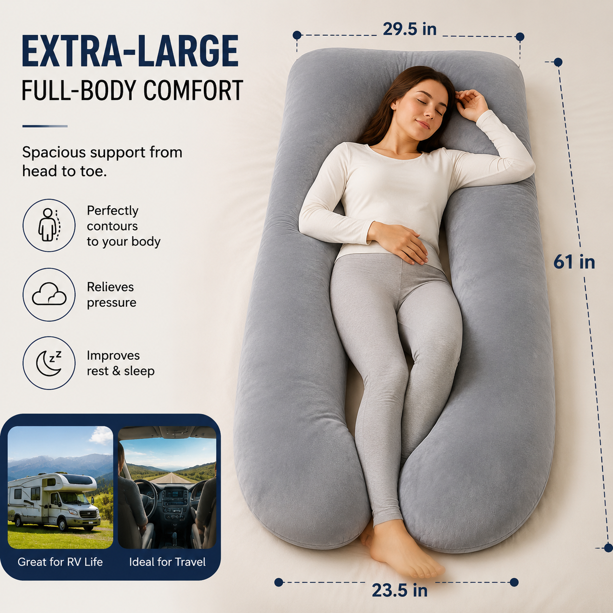 Ergonomic Long-Distance Driving Body Pillow – Lumbar & Back Pressure Relief Support for RV Travel & Road Trips