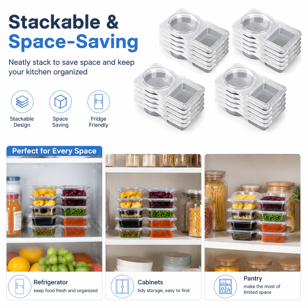 2-Compartment Reusable Snack Containers with Lids – Stackable Meal Prep Set