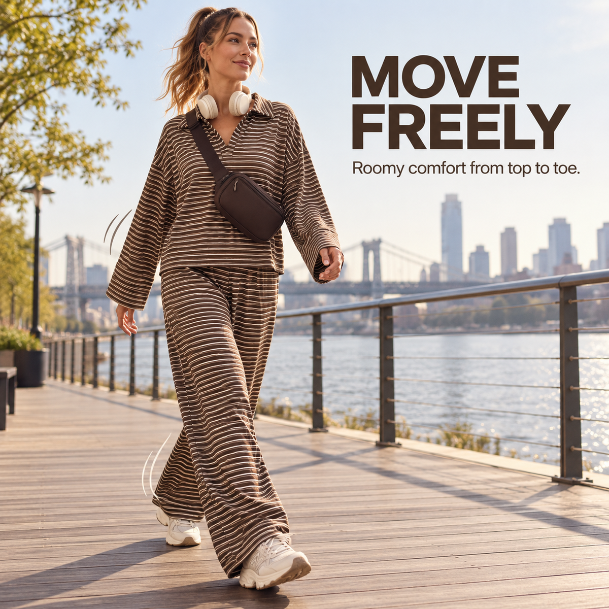 Casual Striped Long Sleeve Wide Leg Pants Lounge Set