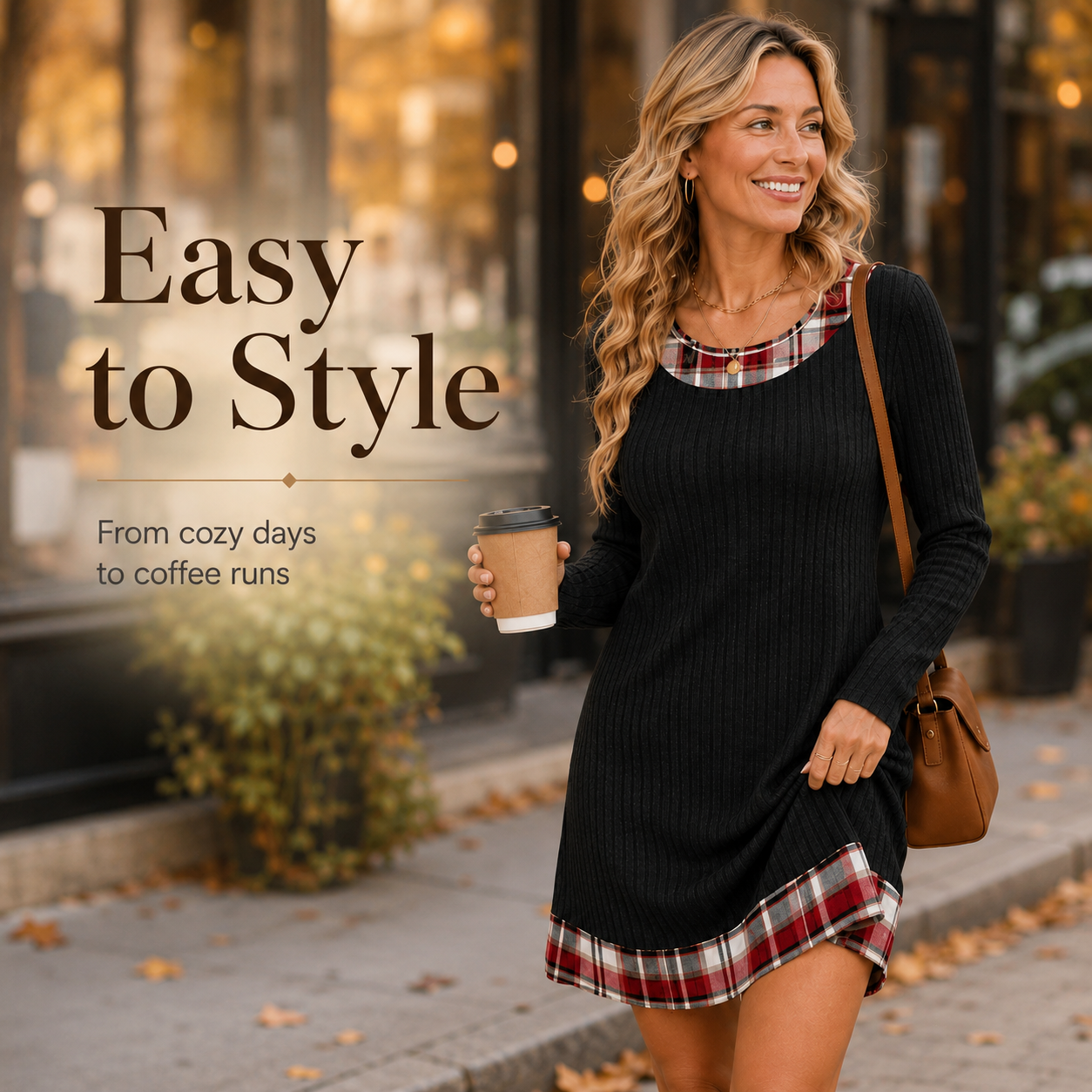 Contrast Plaid Trim Ribbed Knit Sweater Dress | Casual Long Sleeve Fall Mini Dress