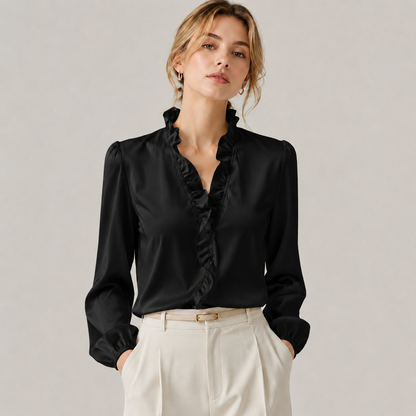 Women’s Ruffled V-Neck Puff Sleeve Blouse – Elegant Everyday Top