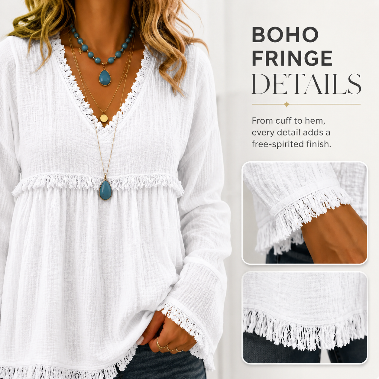 Bohemian Charm Fringe V-Neck Pullover — Effortless Elegance
