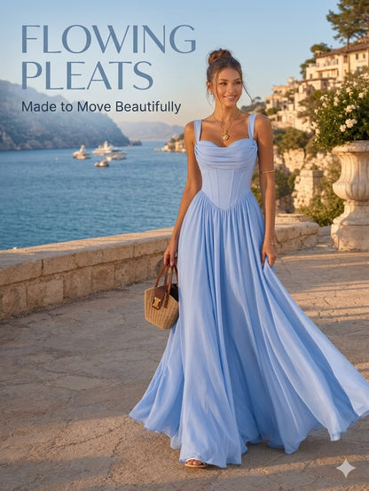 French Corset Pleated Maxi Dress - Strapless Flowy Vacation & Evening Dress