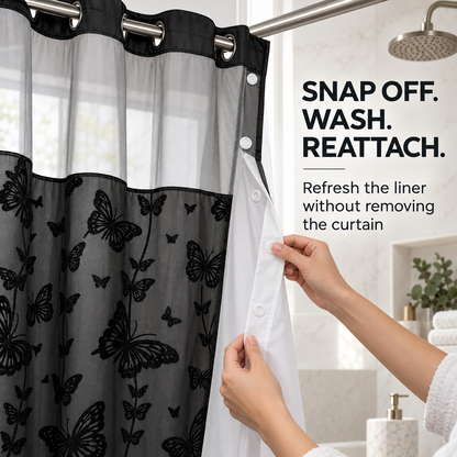 Hookless Double-Layer Shower Curtain with Snap-in Fabric Liner