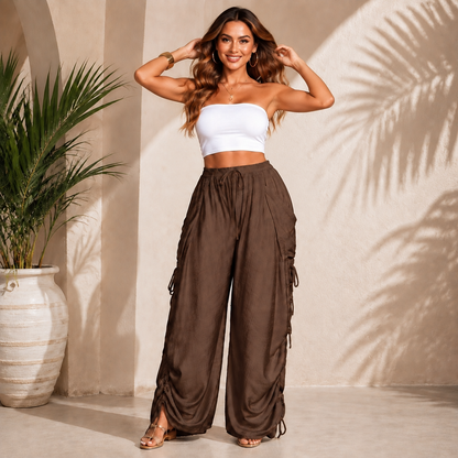 Women’s Relaxed Wide-Leg Pants – Adjustable Drawstring Waist Casual Trousers