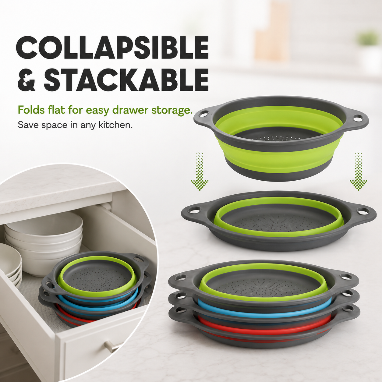 3-Piece Collapsible Colander Set with Self-Draining Base
