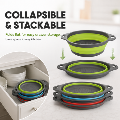 3-Piece Collapsible Colander Set with Self-Draining Base