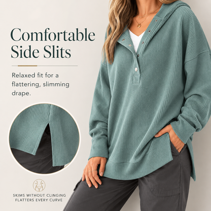 Women's V-Neck Button Lightweight Casual Hoodie