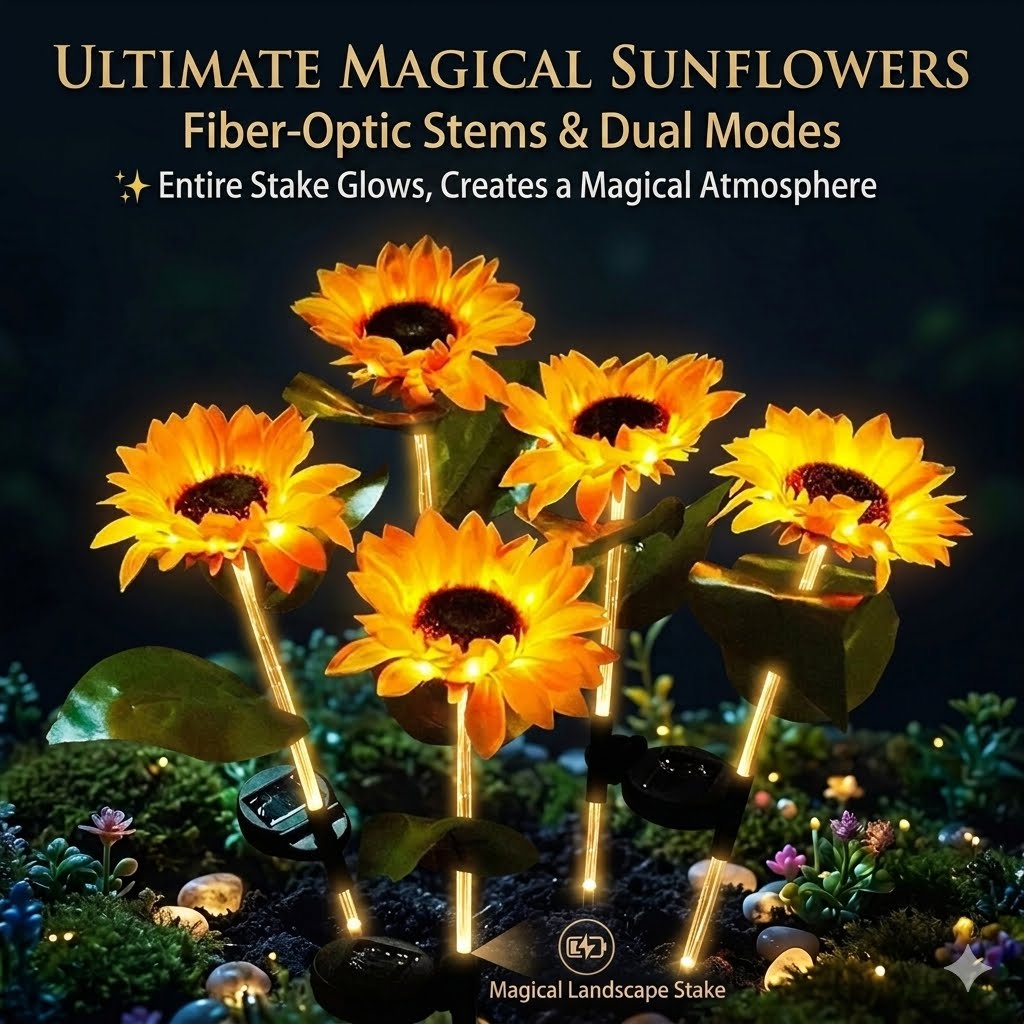 Enchanted Garden 30” Solar Sunflowers - Dual-Mode Light-Up Fiber Optic Yard Stakes
