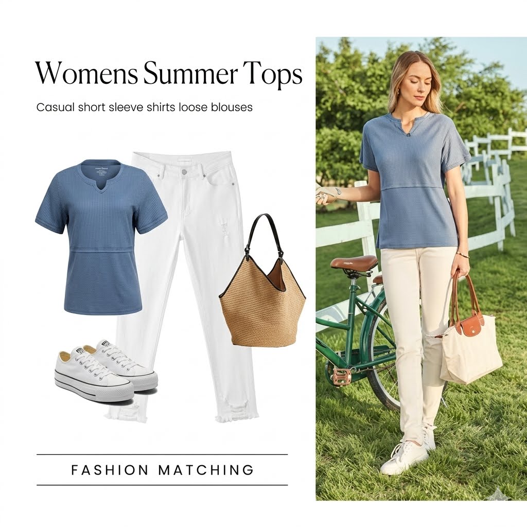 Women's Summer Waffle Knit Top - Casual V-Neck Short Sleeve Shirt Loose Fit