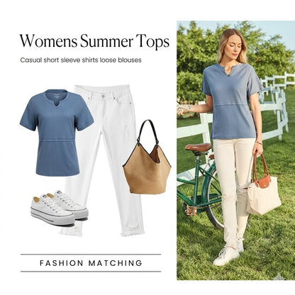 Women's Summer Waffle Knit Top - Casual V-Neck Short Sleeve Shirt Loose Fit