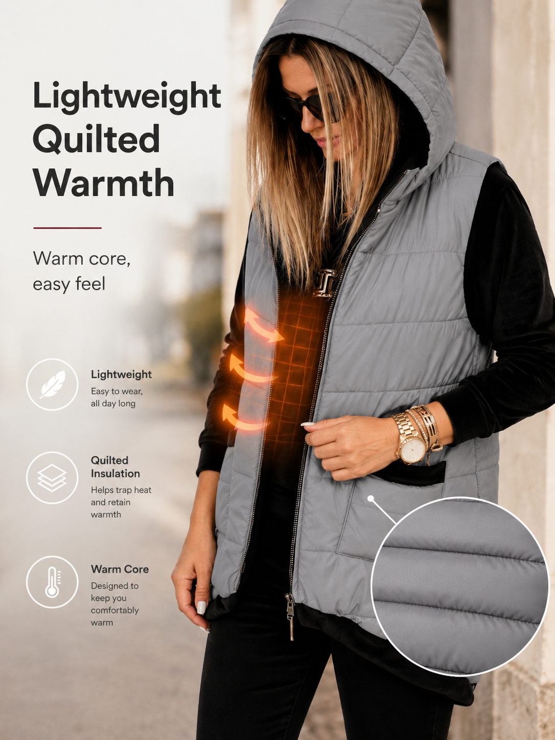 Women's Lightweight Hooded Quilted Vest with Pockets