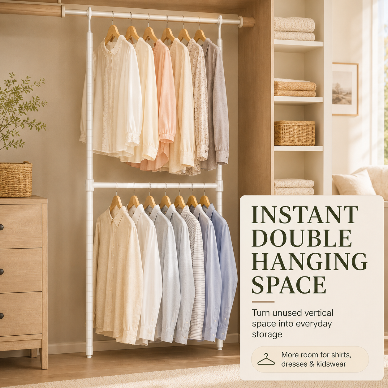 Double Closet Hanging Capacity with Expandable Heavy-Duty Steel Rod