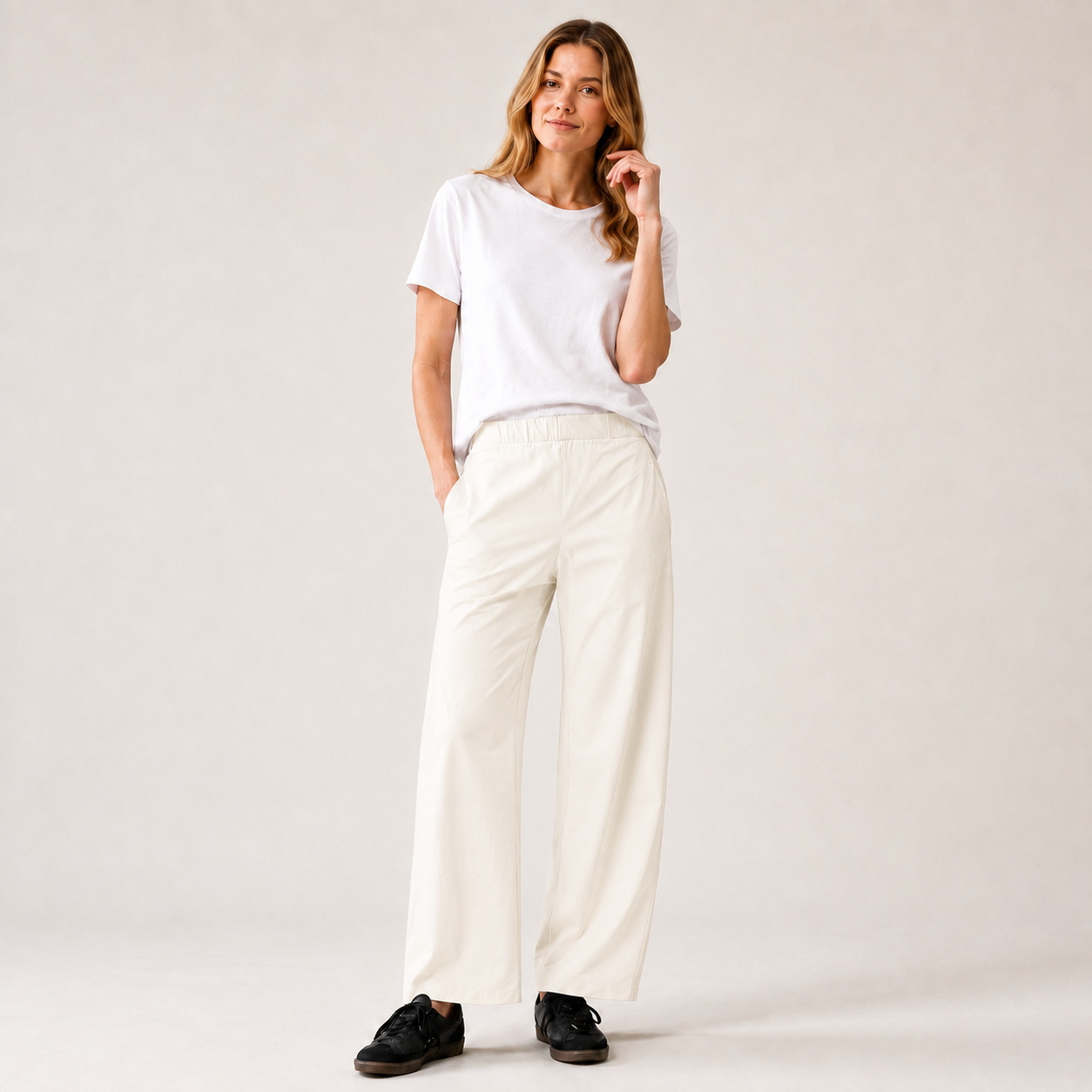 Women's Mid Rise Barrel Leg Pants, Elastic Waist Baggy Casual Trousers with Pockets