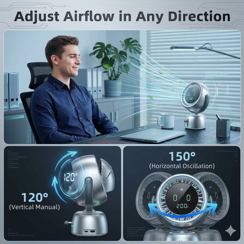❄️ AI Face-Tracking Desk Fan – 200-Speed Quiet Cooling with Digital Display & Type-C Charging