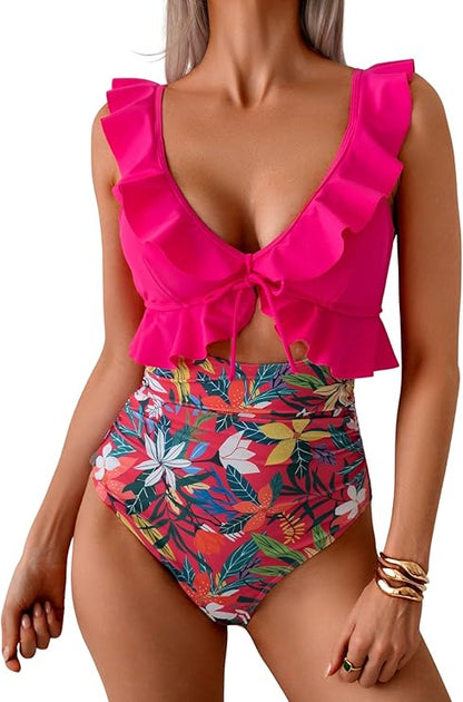 One Piece Swimsuit for Women Tummy Control Ruffle Bathing Suit V Neck Ruched Swim Suit Slimming Cutout Swimwear