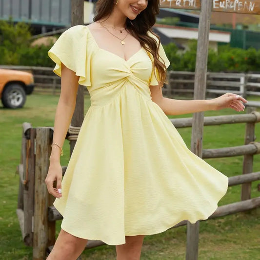 Women's Summer Sweetheart NecklineKnot Front Flowy Mini Chiffon Dresses
