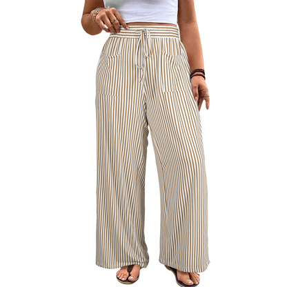Women’s Plus Size High-Waisted Stretchy Striped Wide-Leg Casual Pants