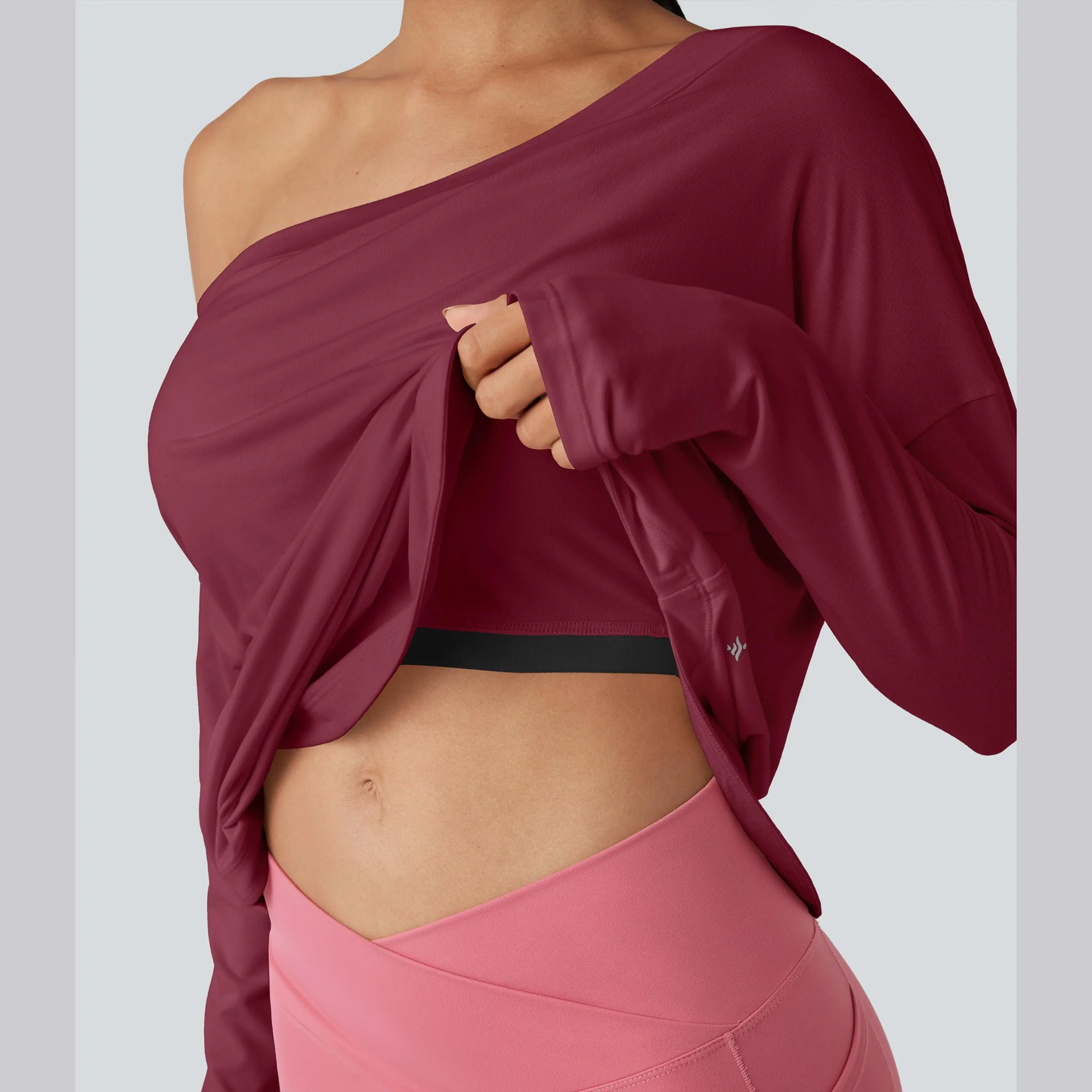 One-shoulder long-sleeved yoga top with integrated bra