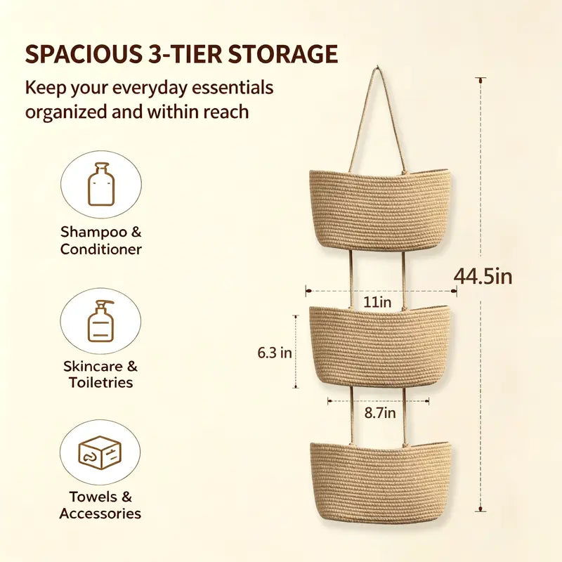 Over the Door Woven Hanging Storage Baskets – Easy-Reach 3-Tier Wall Mounted Cotton Organizer for Decluttering Any Room