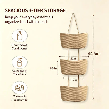 Over the Door Woven Hanging Storage Baskets – Easy-Reach 3-Tier Wall Mounted Cotton Organizer for Decluttering Any Room