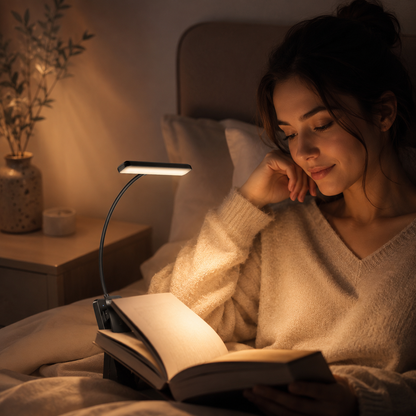Dual-Head Rechargeable Reading Light – 15 Brightness Modes & Wide Clip
