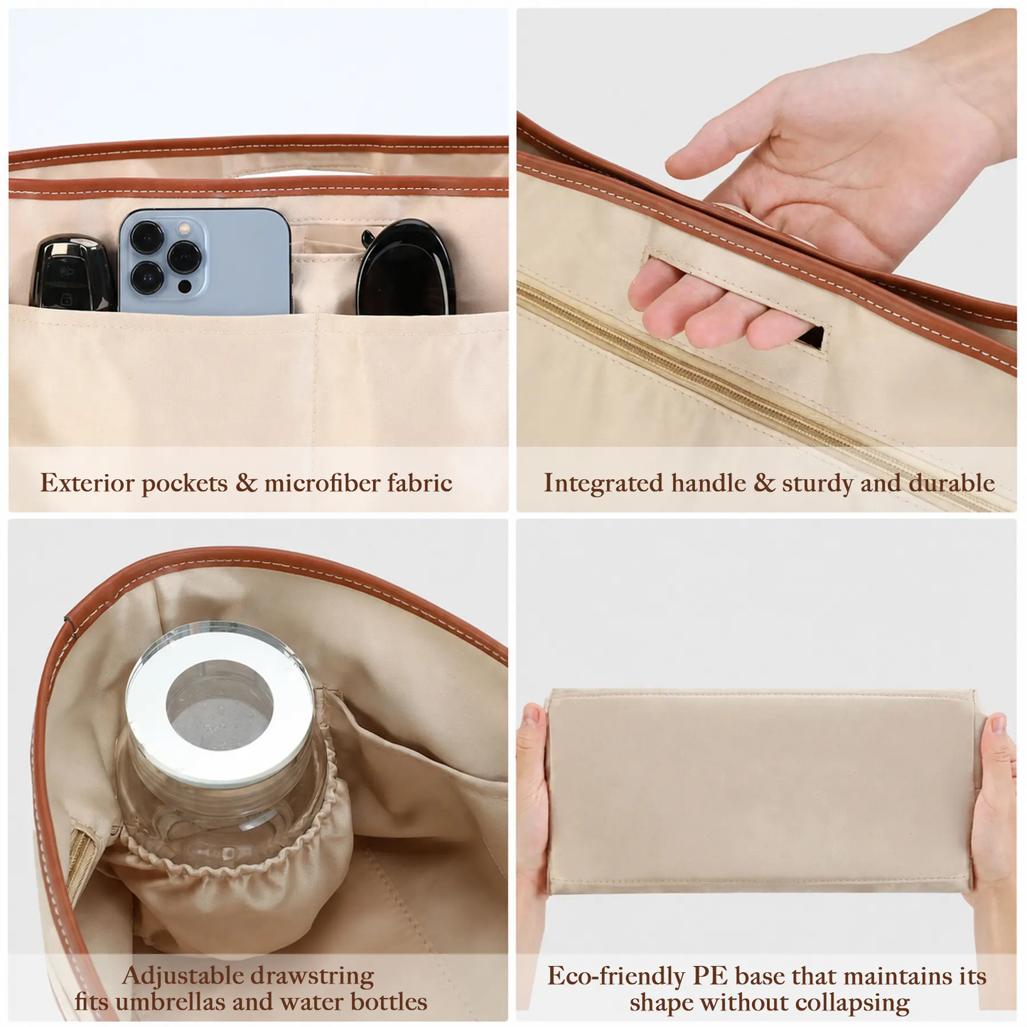 Lightweight waterproof tote bag insert with zippered pocket and cup holder