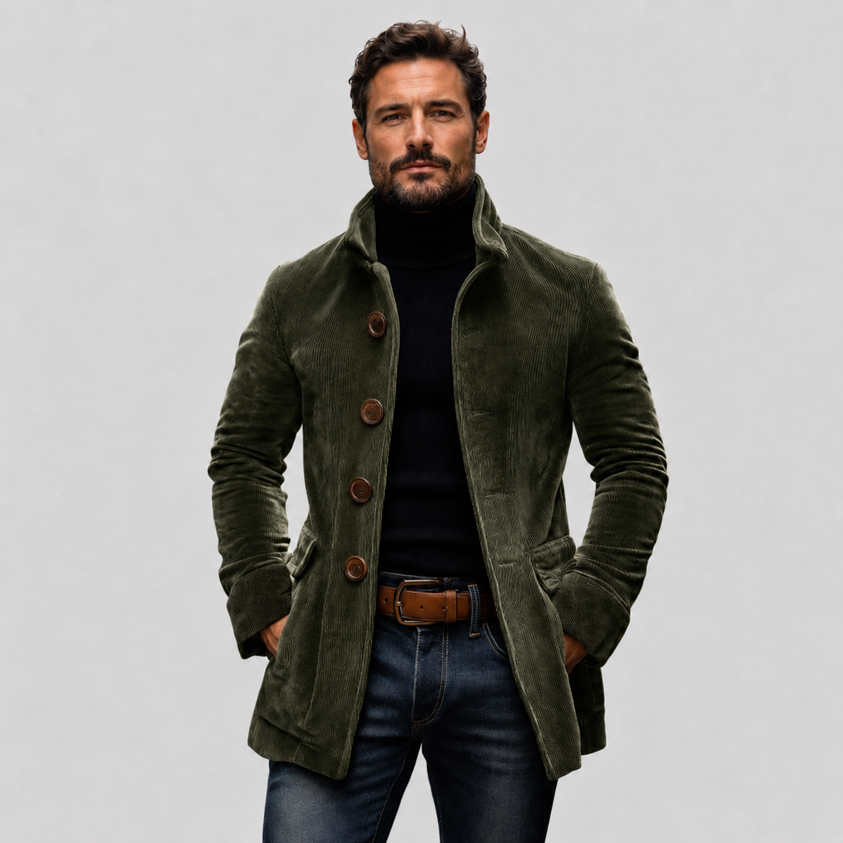 Men’s Corduroy Stand Collar Jacket with Pockets