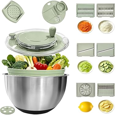 Stainless Steel Salad Spinner Large with 5 Blade Slicer Egg Yolk Strainer Shredder