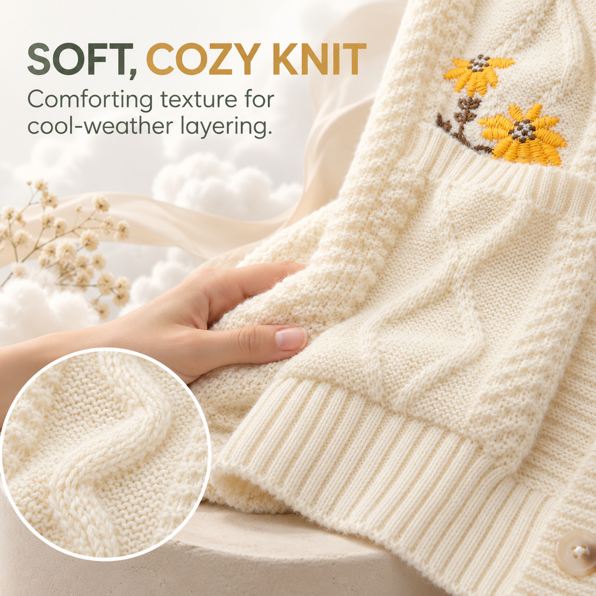 Women's Floral Embroidered Cable Knit Cardigan – Cozy Relaxed Button-Front Sweater with Pockets