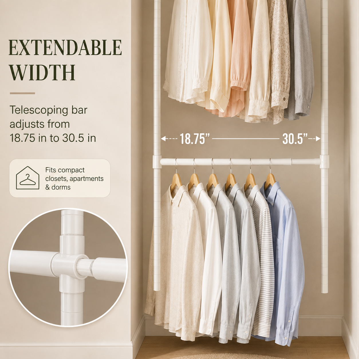 Double Closet Hanging Capacity with Expandable Heavy-Duty Steel Rod
