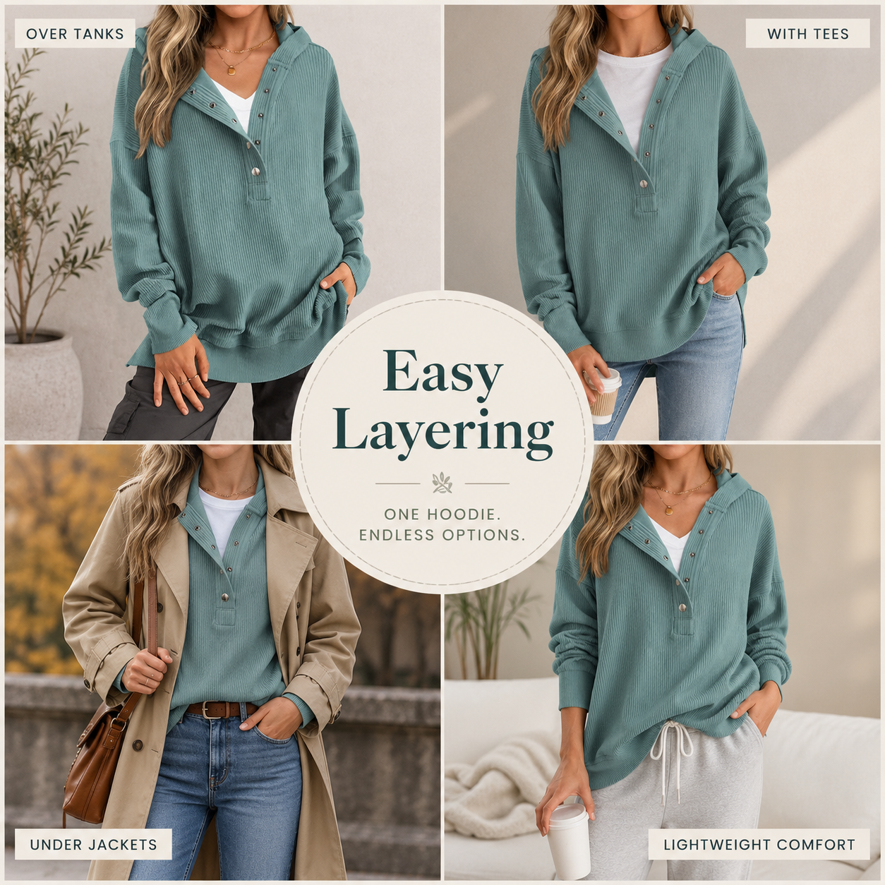 Women's V-Neck Button Lightweight Casual Hoodie