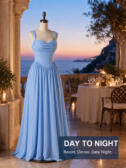 French Corset Pleated Maxi Dress - Strapless Flowy Vacation & Evening Dress