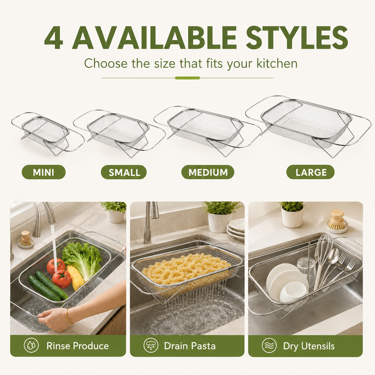 Expandable Stainless Steel Over-the-Sink Colander