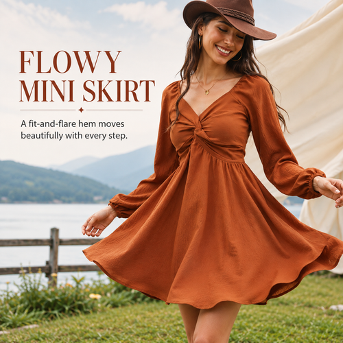 Sweetheart Twist-Front Long Sleeve Mini Dress