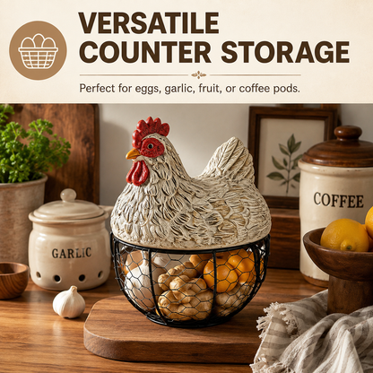 Vintage Rooster Wire Egg Storage Basket
