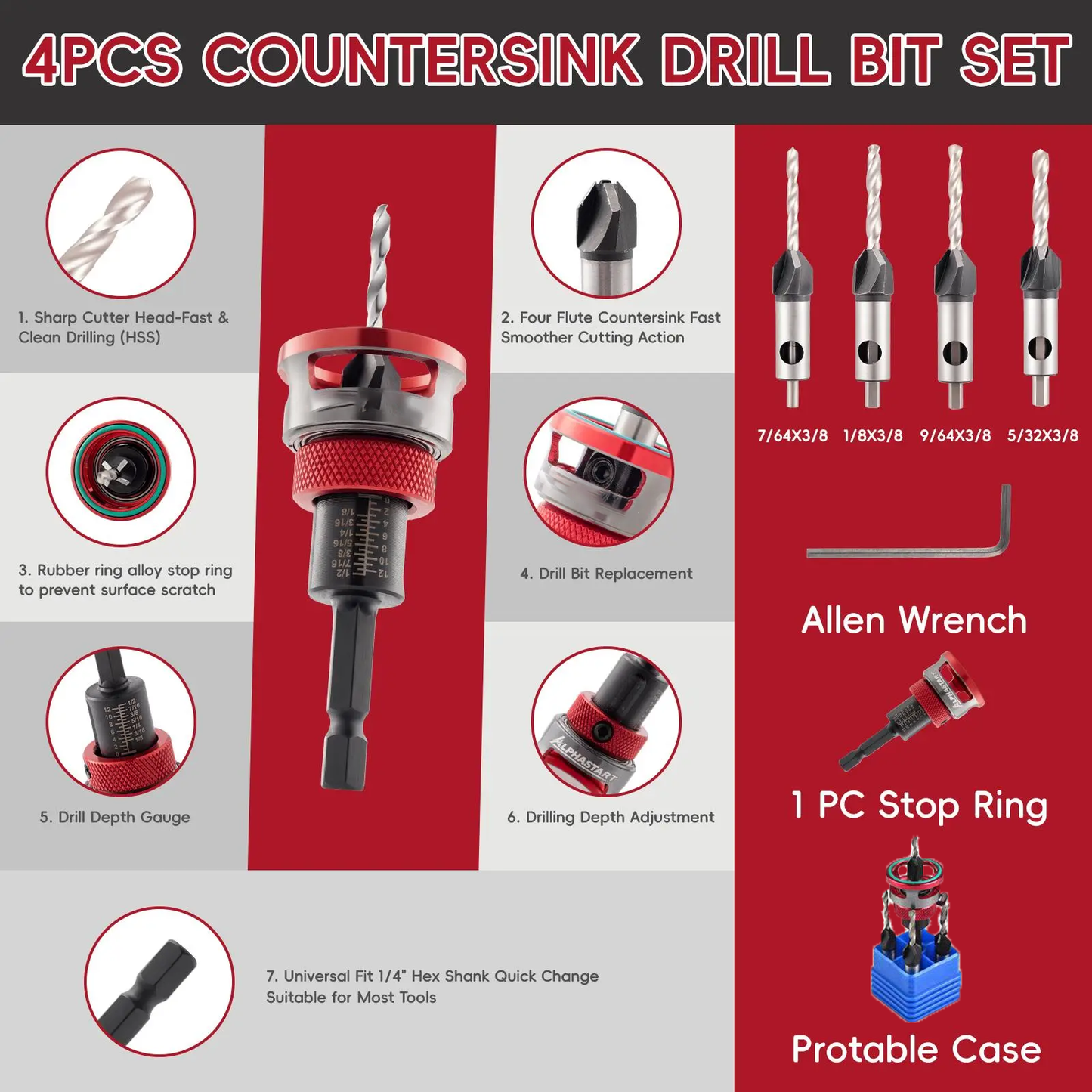 High carbon steel four-flute countersunk drill bit set