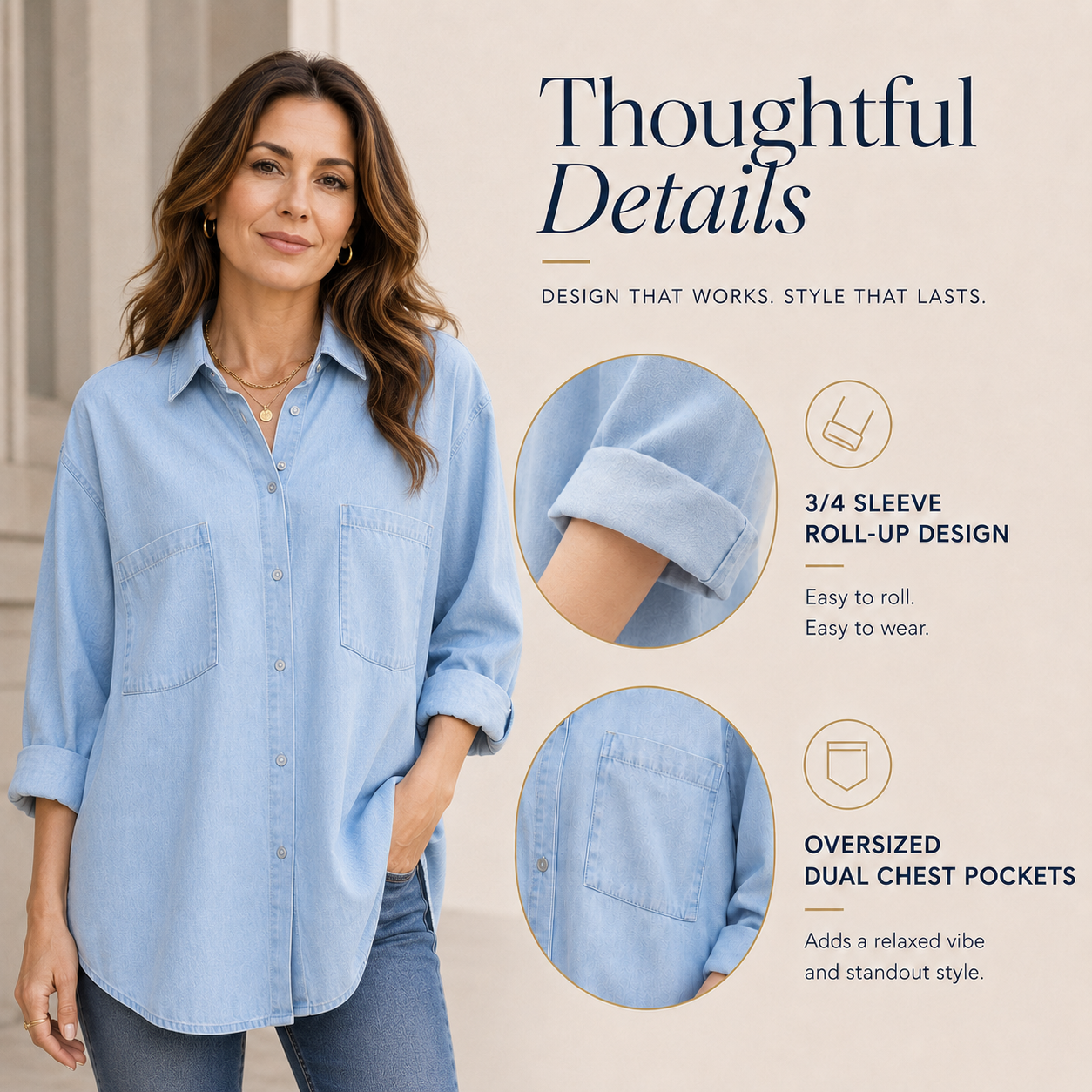Women’s Denim Shirt Chambray Blue Button Down 3/4 Sleeve Tencel Top