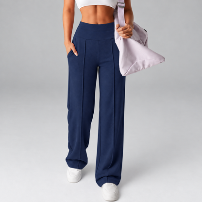 Women’s High-Rise Wide-Leg Comfort Pants with Pockets, Stretch Fit & Front Seams