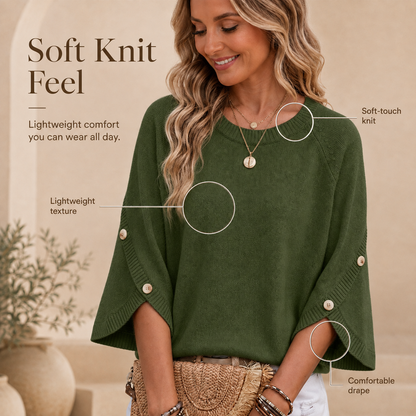 Women's loose-fitting crew neck sweater with three-quarter sleeves and buttoned cuffs