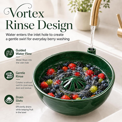 Rotating vegetable and fruit rinsing bowl with a central conical hole