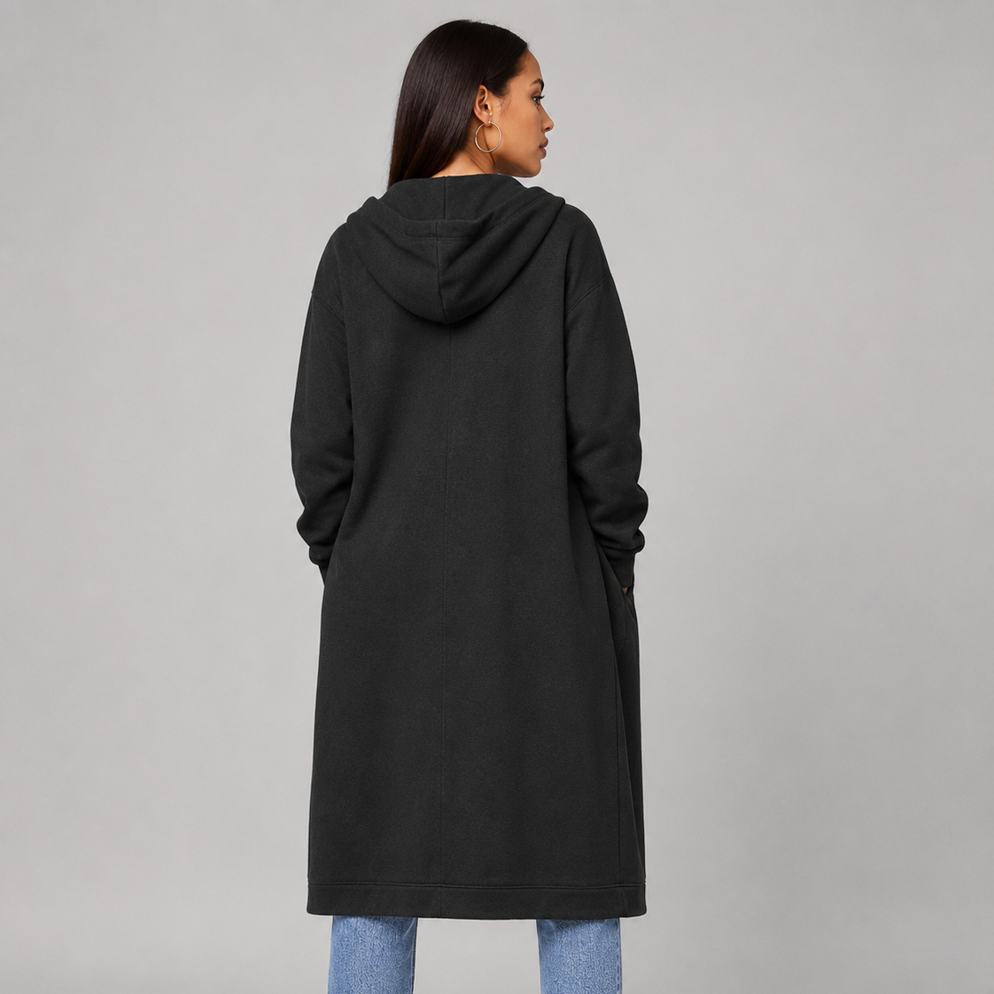 Women's Mid-Length Hooded Cardigan – Casual Open-Front Coat