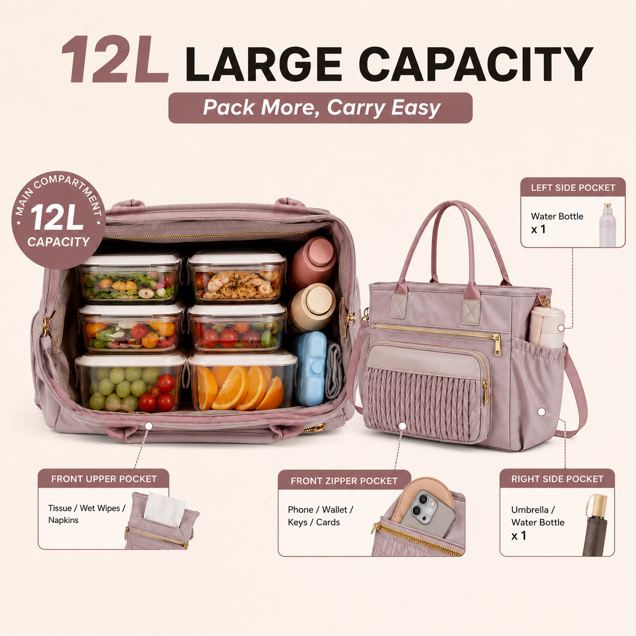 Extra-large capacity lunch bag with adjustable shoulder strap and long-lasting insulation