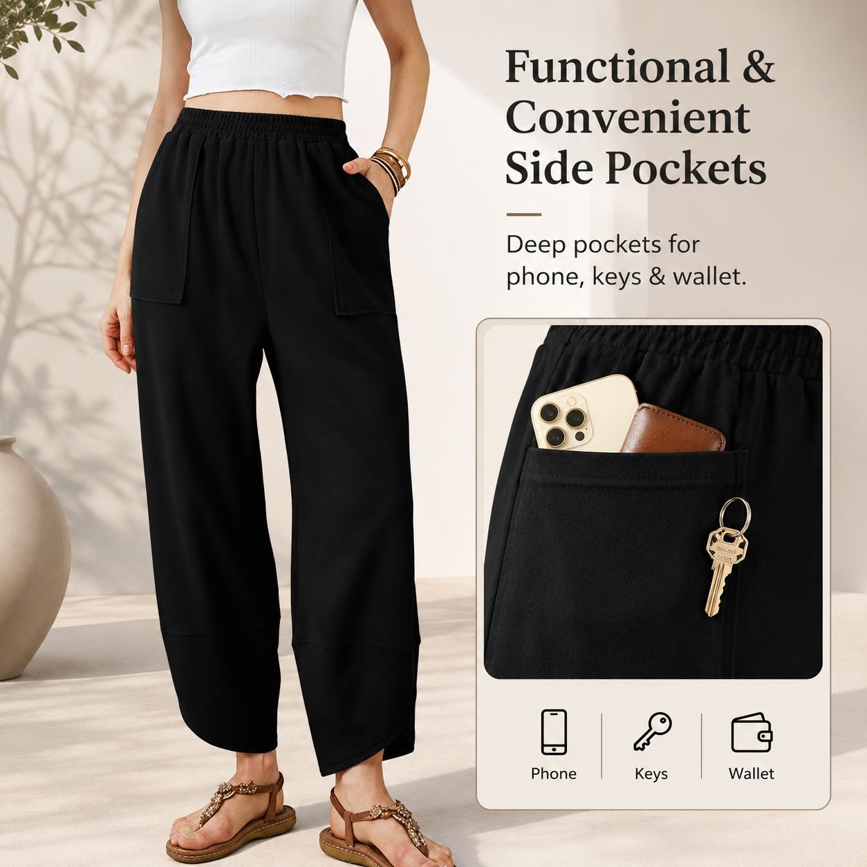 Women’s High-Waist Smocked Harem Pants – Lightweight Relaxed Fit with Pockets