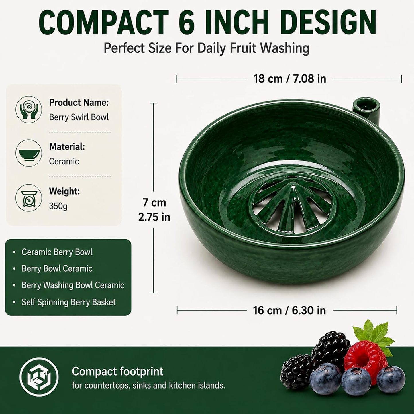 Rotating vegetable and fruit rinsing bowl with a central conical hole