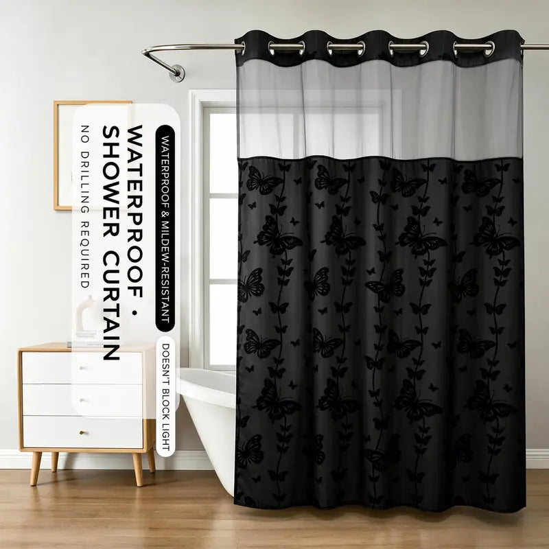 Hookless Double-Layer Shower Curtain with Snap-in Fabric Liner